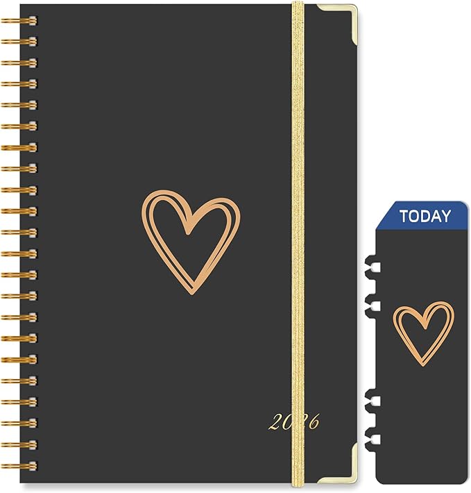 2026 Planner, Jan.2026 - Dec.2026 Weekly Monthly Planner 6.25"x8.5" with Page Tabs, Calendar Hardcover with Inner Pocket, Elastic Band, Twin-Wire Binding, Bookmark, Black Love Heart