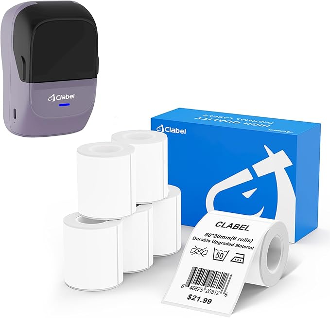 CLABEL 221B Label Maker Machine with 1Rolls 40 * 30mm Labels and 6 Rolls 50 * 80mm Thermal Labels
