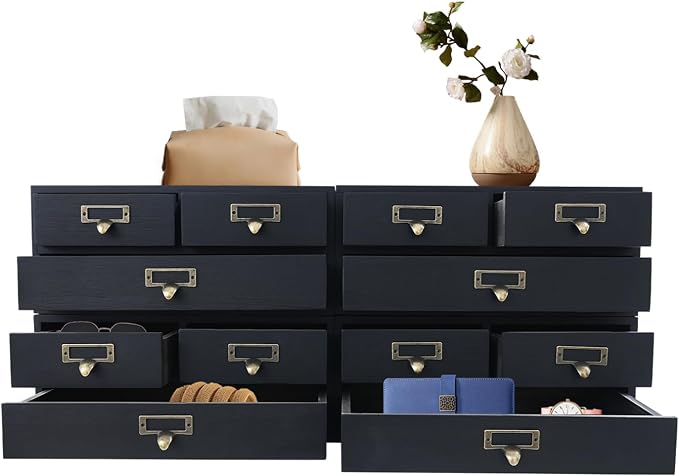 4 Pcs Vintage Wood Desktop Organizer, 4x3 Drawer Apothecary Cabinet with Metal Handles, Stackable Storage for Office Home School, Makeup Jewelry Tea Stationery Herbs