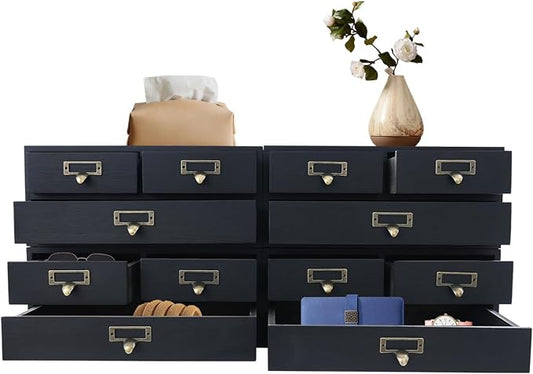 4 Pcs Vintage Wood Desktop Organizer, 4x3 Drawer Apothecary Cabinet with Metal Handles, Stackable Storage for Office Home School, Makeup Jewelry Tea Stationery Herbs