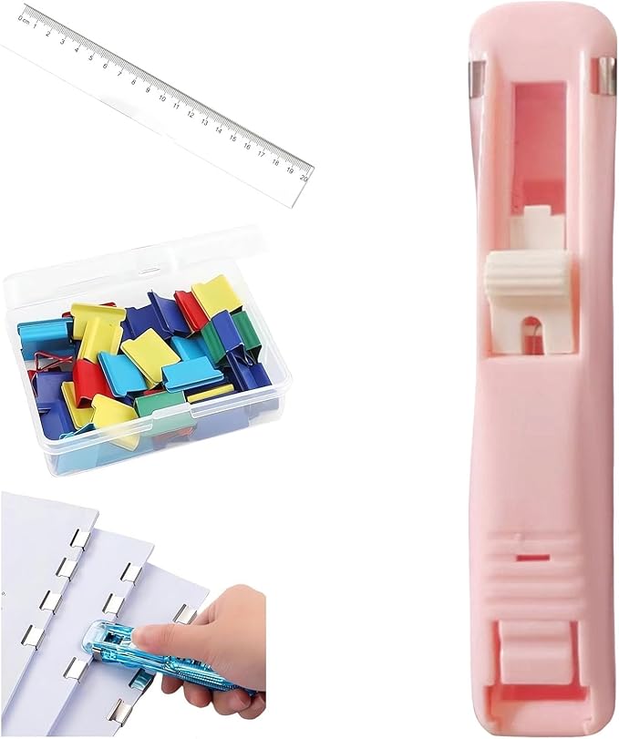 Portable Binder Clip Stapler, Includes 50 Reusable Clips, Push Clip Stapler, Small Binding Office Supplies Handheld Staplers Staples Set, Binder Clips Paper Clamps (H)