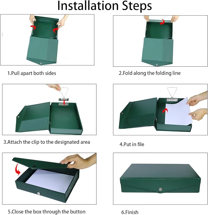 6 Pack Foldable Plastic Box Files A4 with Metal Clip,65mm Spine,Document Archive Folders for Office（Green）