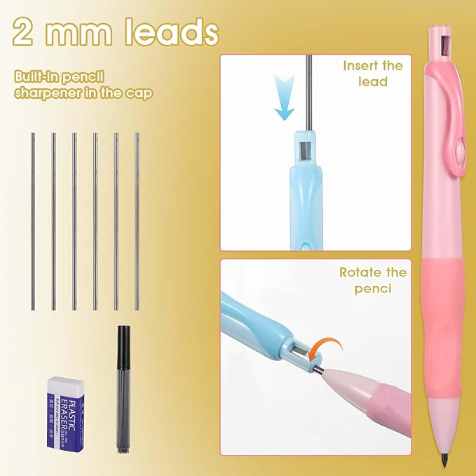 Mechanical Pencils Thick Pencils with Comfort Ergonomic Grip, Aesthetic Supplies with 6 Leads Refills, 2 pcs Erasers - 6PCS Colorful 2.0MM Pencil for Writing & Drawing