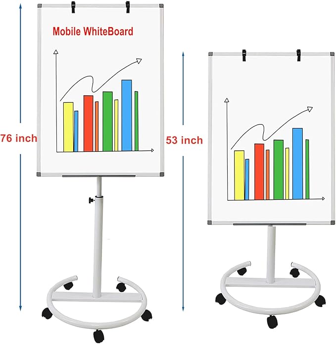 Mobile Easel Whiteboard 28 × 40 Inches Adjustable Height Rolling Whiteboard on Wheels, Portable Dry Erase Board Stand Easel Flipchart with Paper Pad