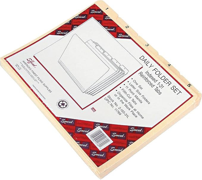 Smead Indexed File Folders, 1/5-Cut Tab, Assorted Positions, Indexed, Letter Size, Manila (1-31)