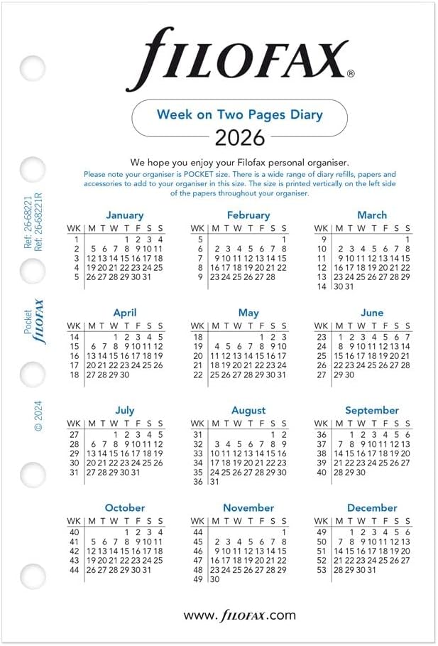 Filofax Calendar Diary Refill, Pocket Size, Week-to-View, White Paper, Unruled, English, 2026 (C68221-26)