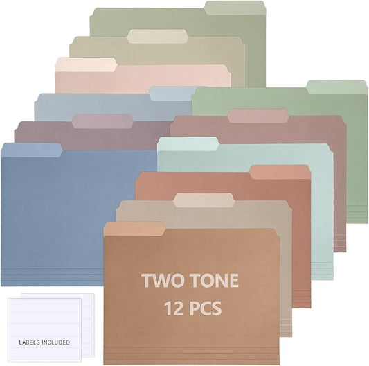 gisgfim 12 Pcs Two Tone Colored File Folders 1/3 Cut Tab Letter Size Manila File Folder with Tabs Decorative Assorted Position File Folders for Office School Business Home Organizer