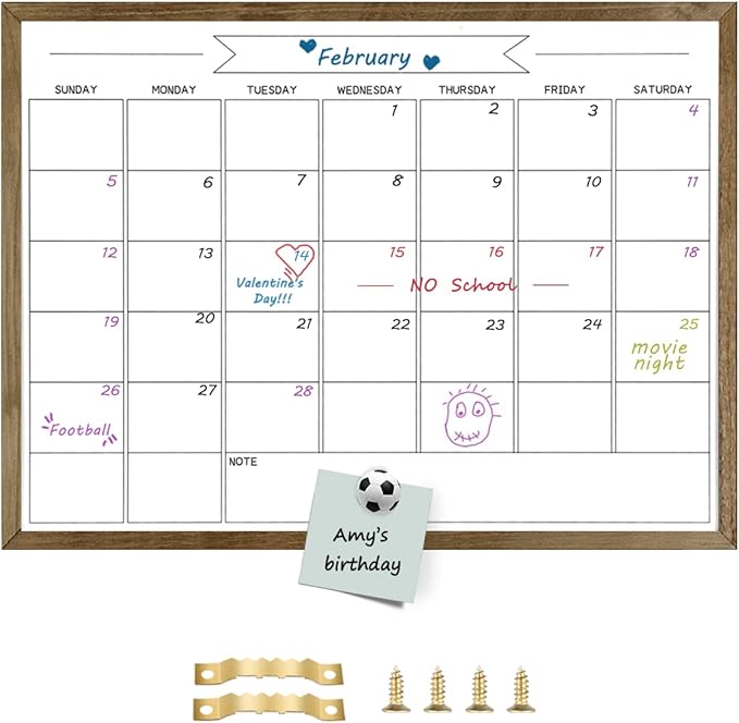 Dry Erase Monthly Calendar Whiteboard for Wall, Solid Pine Wood Rustic Brown Frame Magnetic Surface Whiteboard for Wall，23.6"x 31.5"(YLBB-B-RB-6080)