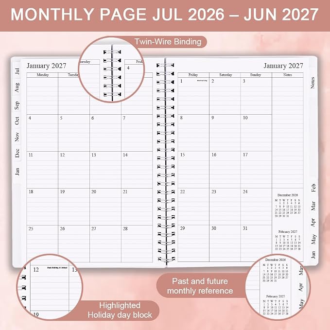 2026-2027 Planner - Academic Planner 2026 2027 for Women & Men, July 2026 - June 2027, Monthly and Weekly Calender with 12 Monthly Tabs, 6.4" x 8.5", Pink