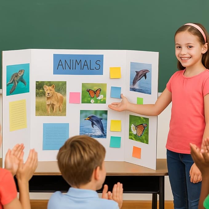 Trifold Poster Board 14"x21" Corrugated Display Board with Bonus 5 Colored A4 Sheets & Label, White Front Kraft Back Perfect for School Projects, Business Presentations, Science Fairs (White)