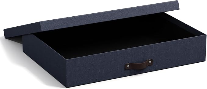 Bigso Sverker Canvas Fiberboard Legal and Art Storage Box | Scrapbook Storage Box for Loose Papers and More | Durable Document Boxes with Lid and Leather Handle | 17.1’’ x 12.2’’ x 3.3’’ | Blue