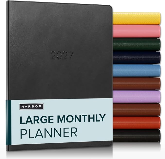 Harbor Large Monthly Planner 2027, Calendar Planner and Notebook, Durable Faux Leather, 14 Months, 96 Pages, Softcover & Lightweight - Cambridge Black - 9.75x7.5"
