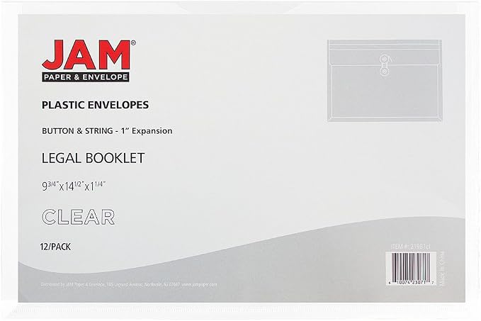 JAM PAPER Plastic Envelopes with Button & String Tie Closure - Legal Booklet - 9 3/4 x 14 1/2 - Clear - 12/Pack