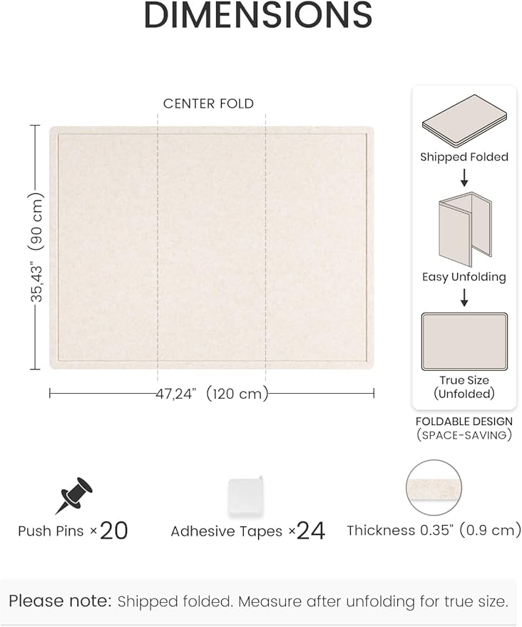 Fluxynara Bulletin Board,47.2" × 35.4" Cork Board Alternative with 24 Safe Removable Adhesive Tabs, Foldable Felt Pin Board for Home Office, Classroom, Bedroom,Entryway for Walls—Oatmeal