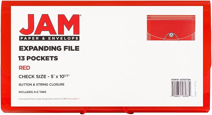 JAM PAPER Accordion Folders - 13 Pocket Plastic Expanding File - Check Size - 5 x 10 1/2 - Red - 2/Pack