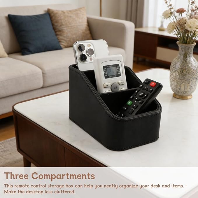 TV Remote Control Holder, PU Leather Office Desk Storage Caddys with 3 Compartments, for Nightstand End Table Couch, Desktop Storage Box for DVD, Blu-Ray, Media Player, Heater Controllers