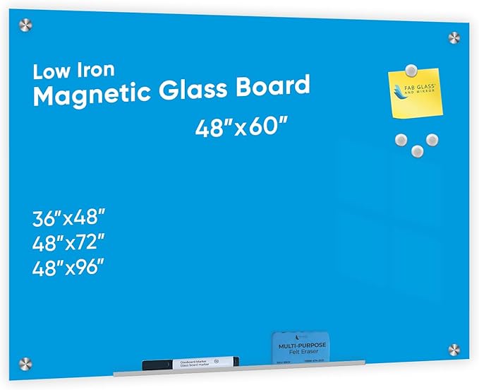 Blue Surface Dry Erase Glass Board, Frameless Magnetic Glass Board for Wall (48" x 60") with Marker, Magnets, Marker Tray, Eraser for Office & Home by Fab Glass & Mirror