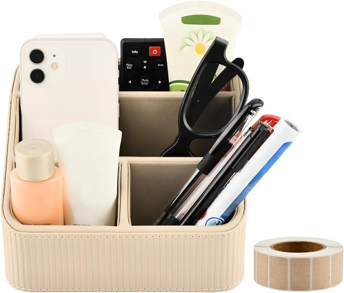 Remote Control Holder, Small Nightstand Organizer with 4 Compartments, PU Leather Desk Caddy, Multifunctional Bedside Desktop Organizers with Label Stickers(COLOR:Beige)