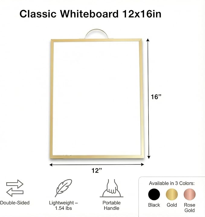 Magnetic Dry Erase Whiteboard, 12 x 16 in, 2-Sided Small Portable Whiteboard with Handle for Desk Or Wall, Gold Frame, Includes Markers, Eraser and Magnets