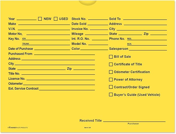 Printed Vehicle Deal Envelopes 9x12 Deal Jackets (100 shrink wrapped) (Yellow)