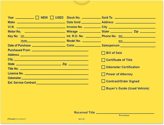 Printed Vehicle Deal Envelopes 9x12 Deal Jackets (100 shrink wrapped) (Yellow)