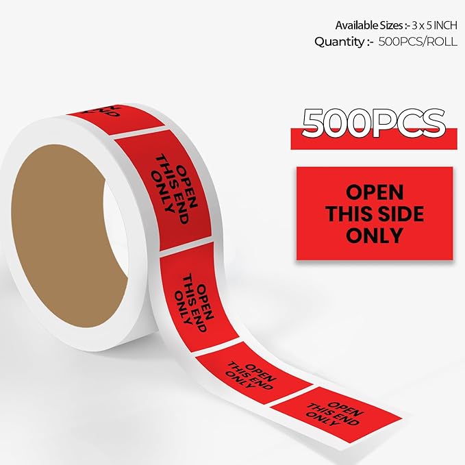 StickerJet Open This Side Only – Warehouse Receiving Labels – 3"x5" Rectangle Labels – 500 Qty/Roll – Paper, Easy Peel and Stick, Strong Adhesive, No Residue, Made in USA