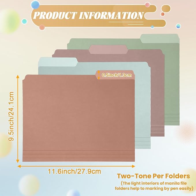 gisgfim 12 Pcs Two Tone Colored File Folders 1/3 Cut Tab Letter Size Manila File Folder with Tabs Decorative Assorted Position File Folders for Office School Business Home Organizer