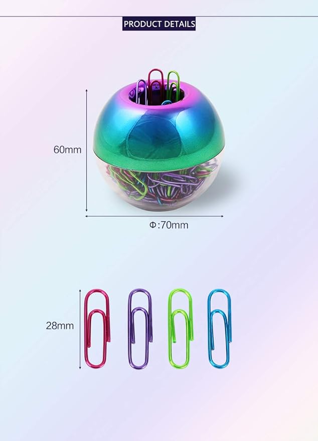NatSumeBasics Rainbow Paper Clip Holder Iridescent Oil Slick Magnetic Paper Clips Dispenser & 100 Colorful Paperclips Holographic Desk Accessory for Office