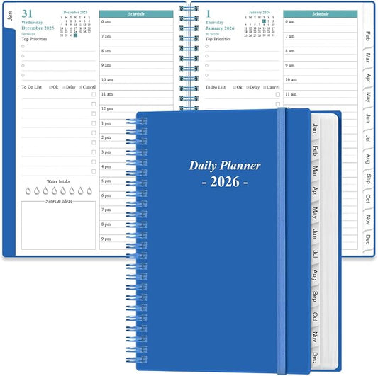 Daily Planner 2026 Full Page Per Day- 2026 Daily & Monthly Planner from January 2026 to December 2026, Day Planner 2026 with 12 Months Tabs, 6.4" x 8,5", Blue