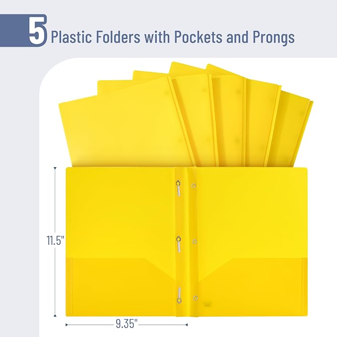 Mr. Pen- Plastic Folders with Pockets and Prongs, 5 Pack, Yellow, Pocket Folders, Folders with Prongs, File Folders with Fasteners, 2 Pocket Folder, Folder with Pockets