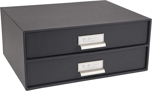 Bigso Box of Sweden Birger 2-Drawer Fiberboard Label Frame Document Letter Box | Desktop Drawers for Loose Papers, Documents with Metal Label Holder | 13.1" x 10" x 5.7" | Dark Grey