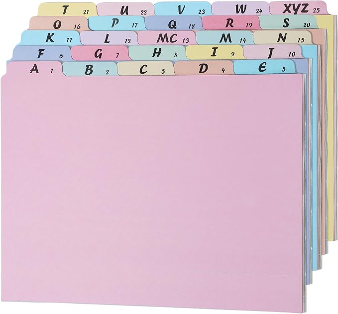 1 Set A-Z Alphabetic and Number Top Label Files, Legal Size, 25 Sheets File Dividers 1/5 Cut Label File Cabinet Dividers Desk Organizer for Office, Home and School (Candy Color)