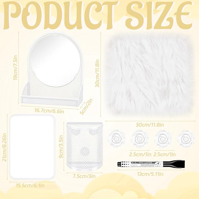 8 Pcs Locker Accessories Kit White Magnetic Mirror, Magnetic Pen Holders, Cute Flower Magnets,Locker Organizer Kit White Locker Accessories for Girls Back to School Essentials