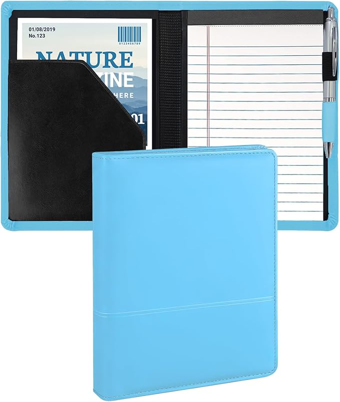 Padfolio/Portfolio Binder, Mini Padfolio Portfolio Binder 5 x 8 Legal Writing Pad, A5 Document Organizer Folder for Men Women, Light Blue.