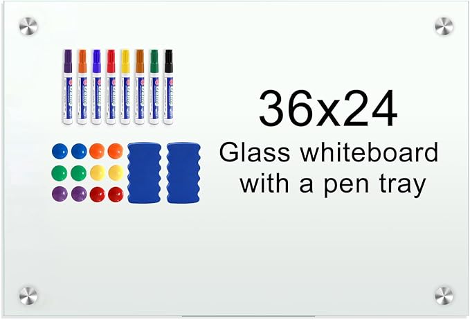 H-Qprobd Glass Magnetic Dry Erase Whiteboard 36"x24" for Wall, Frameless White Board, Includes 12 Magnets, 8 Markers and 2 Erasers