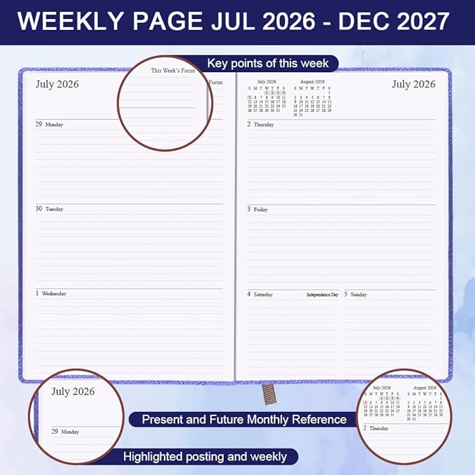 2026-2027 Planner - Weekly & Monthly Planner Runs from July 2026 to Dec 2027, 5.8" x 8.25", 18 Months Planners, 14 Notes Pages, Inner Pocket, PU Leather Hard Cover, Blue Monthly Planners 2026-2027