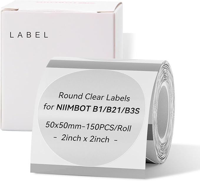 NIIMBOT Labels for B1/B21/B2 Printer - 2'' x 2'' (50x50mm) Thermal Labels, Waterproof & Oil-Proof, 1 Roll of 150 Round Clear Stickers