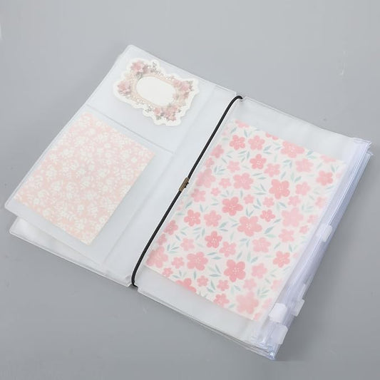 5PCS Travelers Notebook Insert, Transparent PVC Pocket Organizer, Travelers Notebook Accessories, Zippered Pouches with Elastic Bands, Storage Inserts for Cards, Notes, Money