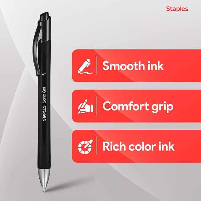 STAPLES Retractable Gel Pens, Medium Point 0.7mm, Black Ink, 12 Pack – Sonix Crisp‑Line Gel Pens with Pocket Clip
