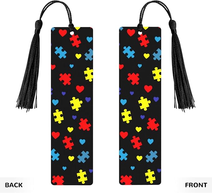 Autism Awareness Colorful Puzzle 5pcs Wood Bookmarks with Tassel for Planner Reading Book Lovers Accessory Readers Men Women 4.6 X 1.2 Inch