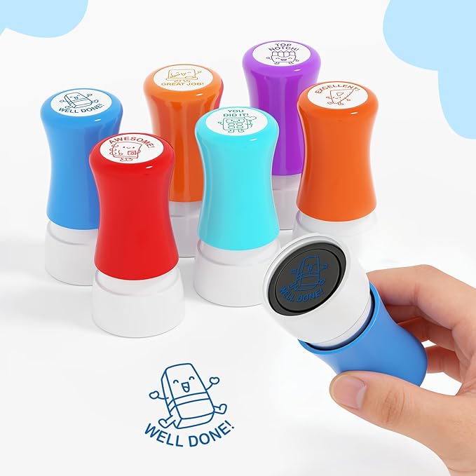 6-Piece Set of Teacher Stamps - Stationery Cute Motivational Scoring for Grading Teacher Stamp Self Inking Stamp Behavior Stamps for Teachers Grading (Big Handle)