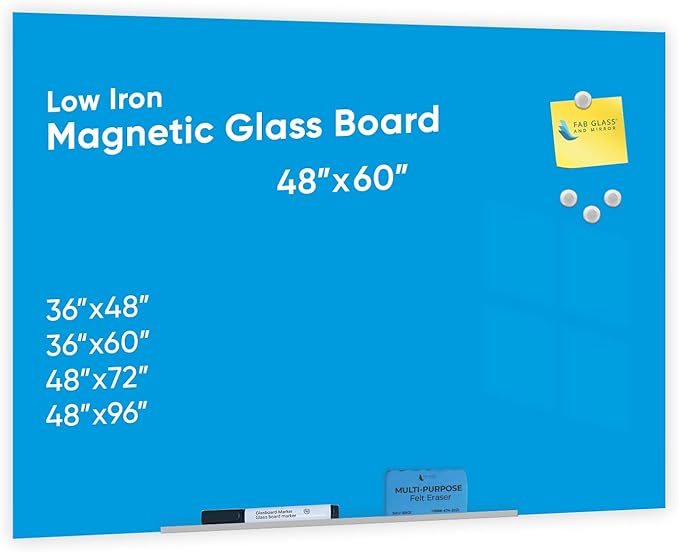 Glass Dry Erase Board 48"x60", Blue Surface with Eased Corners, Frameless Glass Board for Wall with Markers, Magnets, Eraser for Home & Office by Fab Glass and Mirror