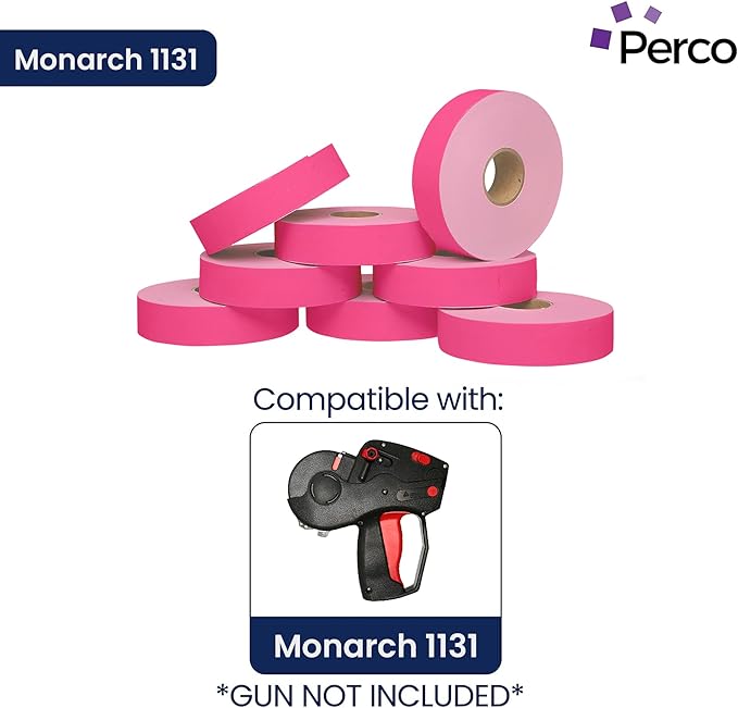 Perco Fluorescent Pink Pricing Labels for Monarch 1131 Price Gun – 8 Sleeves, 64 Rolls Value Pack - 160,000 Price Marking Labels – with Ink Rolls Included