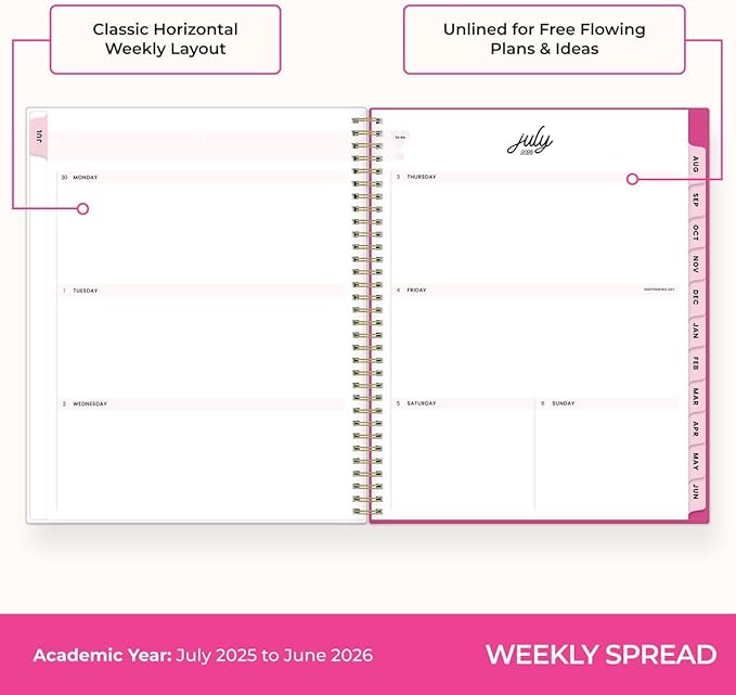Blue Sky Color Me Courtney 2025-2026 Weekly and Monthly Academic Year Planner Calendar, July 2025 - June 2026, 8.5" x 11", Flexible Cover, Wirebound, Laminated Tabs, Storage Pocket, Bloom Pink