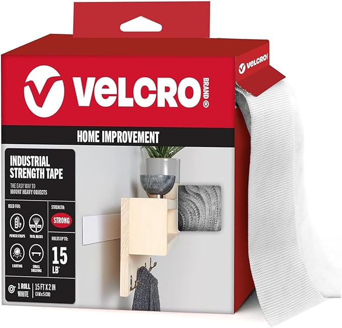 VELCRO Brand Industrial Strength Fasteners | Stick-On Adhesive | Professional Grade Heavy Duty Strength Holds up to 10 lbs on Smooth Surfaces-| Indoor Outdoor Use-| 15ft x 2in Tape,White,(Pack of 12)