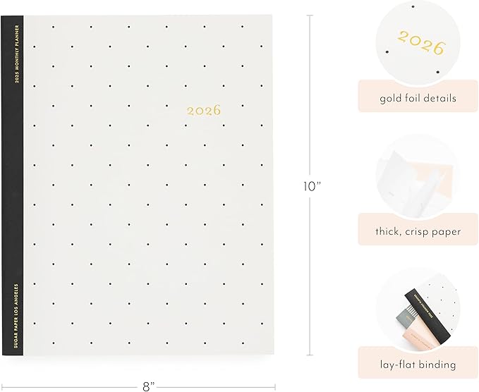 Sugar Paper 2026 Monthly Planner, January to December, 8" x 10", Calendar for Women, Flexible Matte Paper Cover, Fabric Tape Stitch Binding, 12 Month, Black Swiss