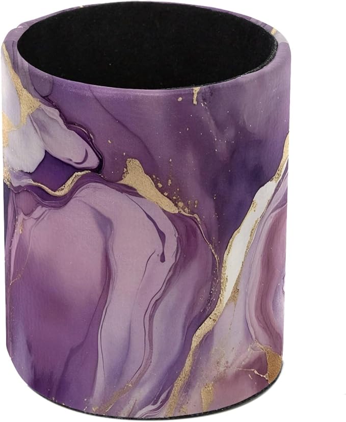 Leather Pen Holder for Desk, Purple Marble Makeup Brushes Holder Pencil Cup Multifunctional Desktop Organizer Caddy for Home School Office Desk Accessories