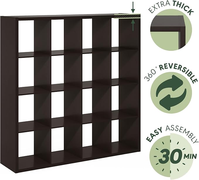 Furinno Cubicle Book Shelf, 16-Cube Bookshelf, Extra Thick Frame Reversible Bookcase with Open Back, 14.6" x 58" x 58", for Living Room, Bedroom, Home Office, Black Dark Oak
