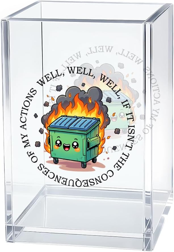 Everything is Fine Cosmetic Organizer Pen Holder, Acrylic Desk Holder for Pen Pencil, Office Gifts for Coworker, Dumpster Fire Desk Accessory (Transparent66)