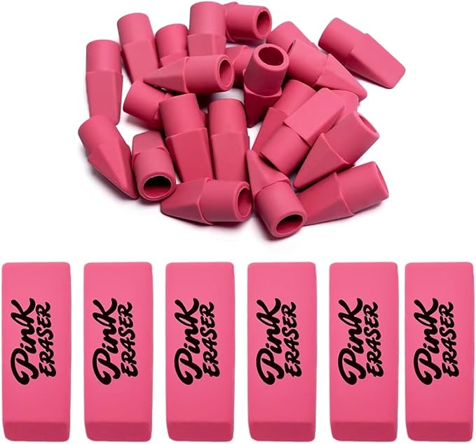 30 Pcs Pink Eraser Bulk Set – 6 Block Erasers and 24 Pencil Top Erasers, Smudge-Free, School Supplies for Students, Teachers, Drawing, Office, Homework Use (Pink)